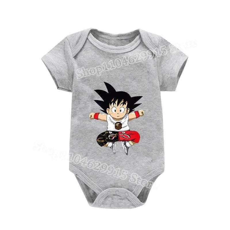 Gray short-sleeved baby romper with skin-friendly fabric featuring a printed graphic of Goku from Dragon Ball Z in flight