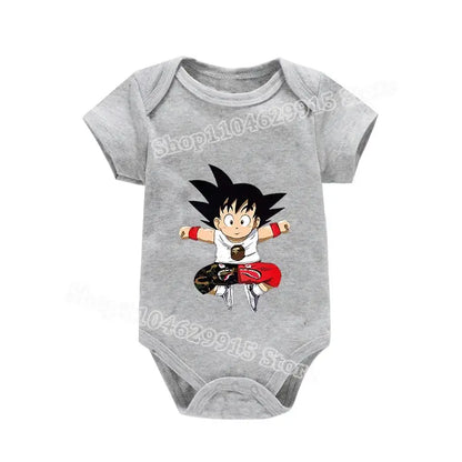 Gray short-sleeved baby romper with skin-friendly fabric featuring a printed graphic of Goku from Dragon Ball Z in flight