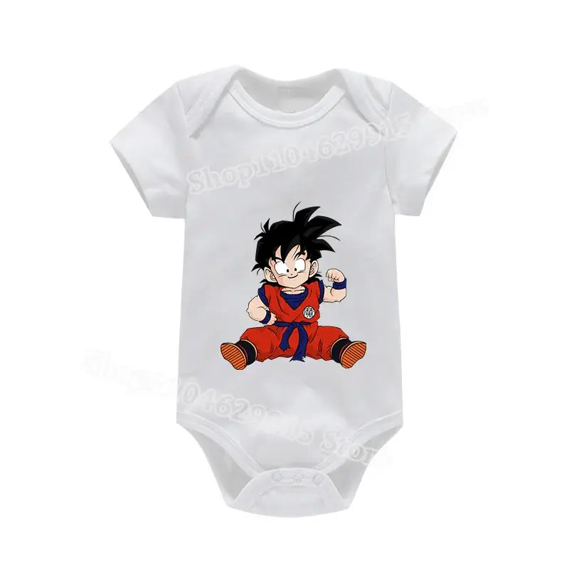 White short-sleeved baby romper featuring a printed goku in red and blue martial arts uniform for summer wear
