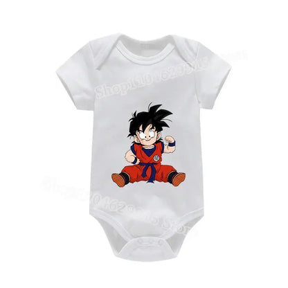 White short-sleeved baby romper featuring a printed goku in red and blue martial arts uniform for summer wear