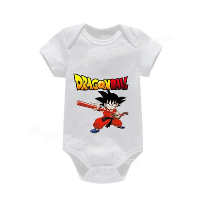 White short-sleeved baby romper with colorful dragon ball logo and goku holding red staff skin-friendly summer wear