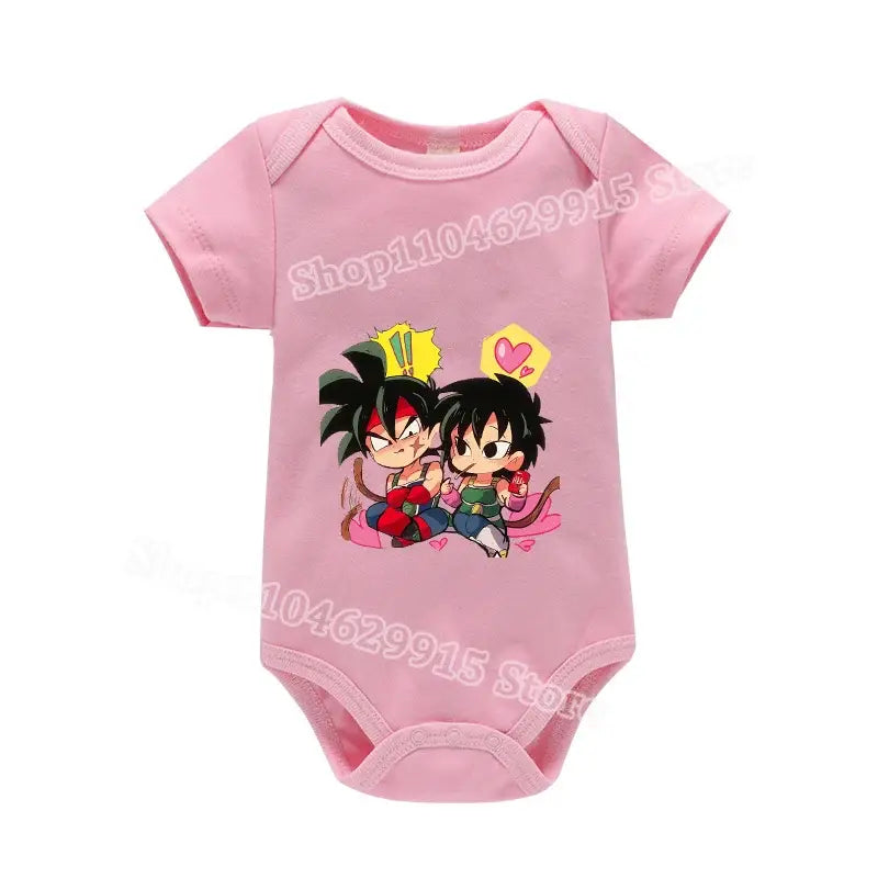 Pink short-sleeved baby romper with cartoon dragon ball goku anime graphic made for skin-friendly summer wear