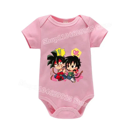 Pink short-sleeved baby romper with cartoon dragon ball goku anime graphic made for skin-friendly summer wear