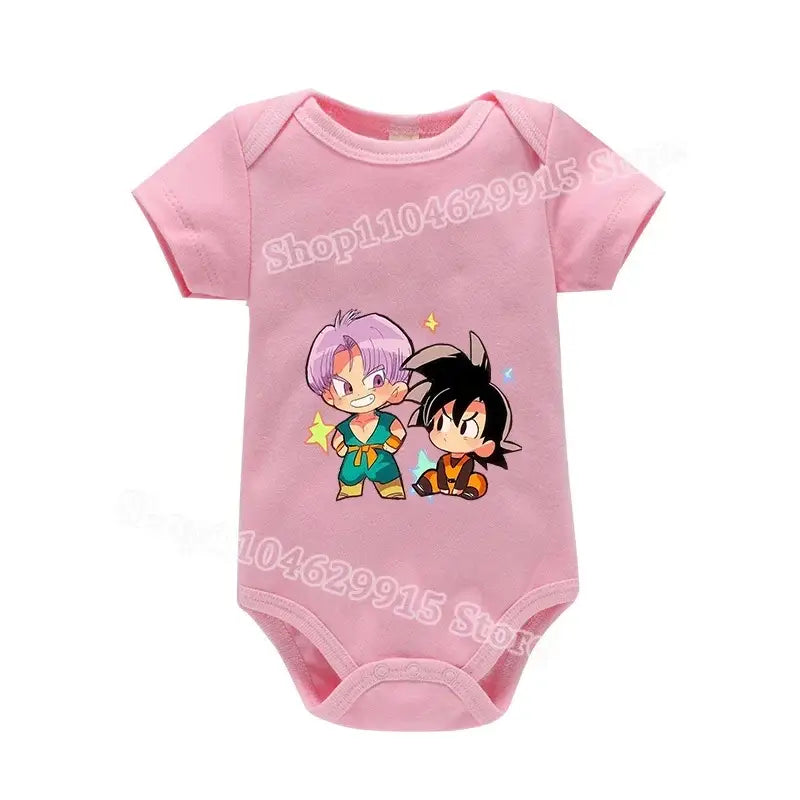 Pink short-sleeved baby romper with dragon ball goku cartoon print made of skin-friendly fabric for summer use
