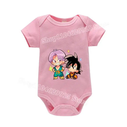 Pink short-sleeved baby romper with dragon ball goku cartoon print made of skin-friendly fabric for summer use