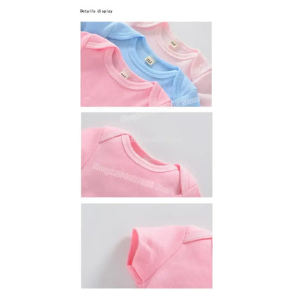 Soft pink light blue and pale peach baby romper with ribbed cuffs and necklines skin friendly for summer use