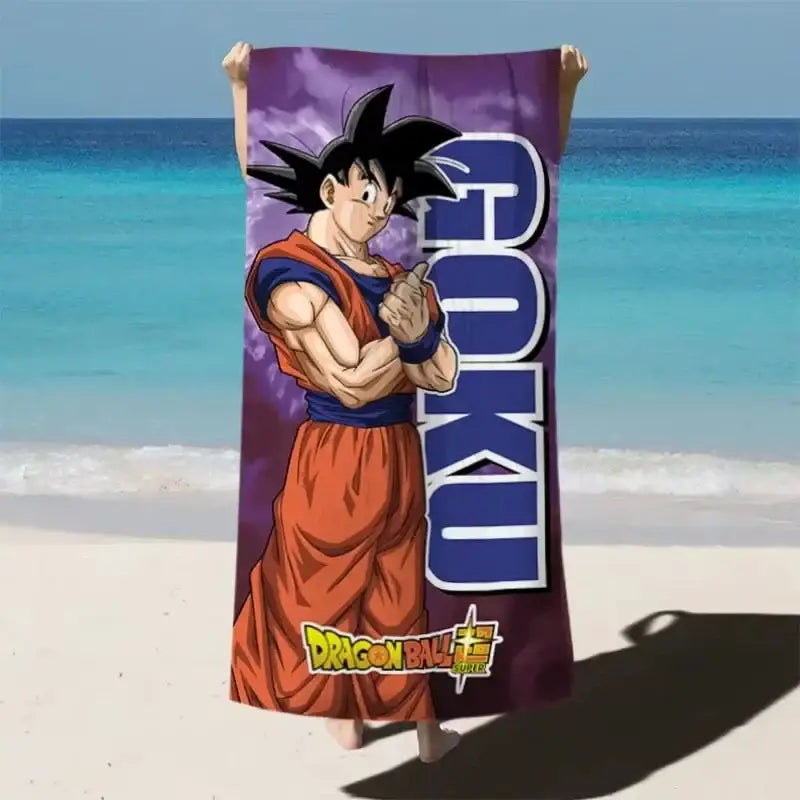 Purple dragon ball goku quick dry microfiber beach towel featuring vibrant goku illustration in orange and blue gi