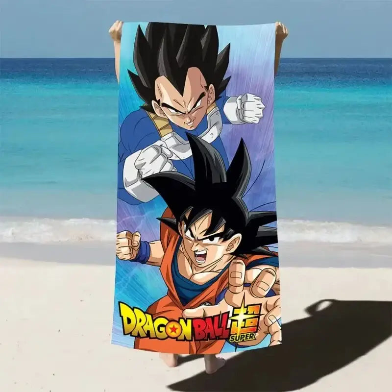 A vibrant blue dragon ball goku beach towel with quick dry microfiber featuring goku and vegeta illustrations