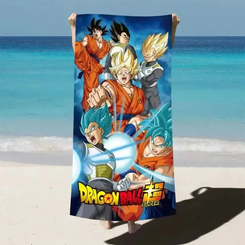Dragon Ball Goku beach towel featuring vibrant orange and blue characters on a quick dry microfiber fabric