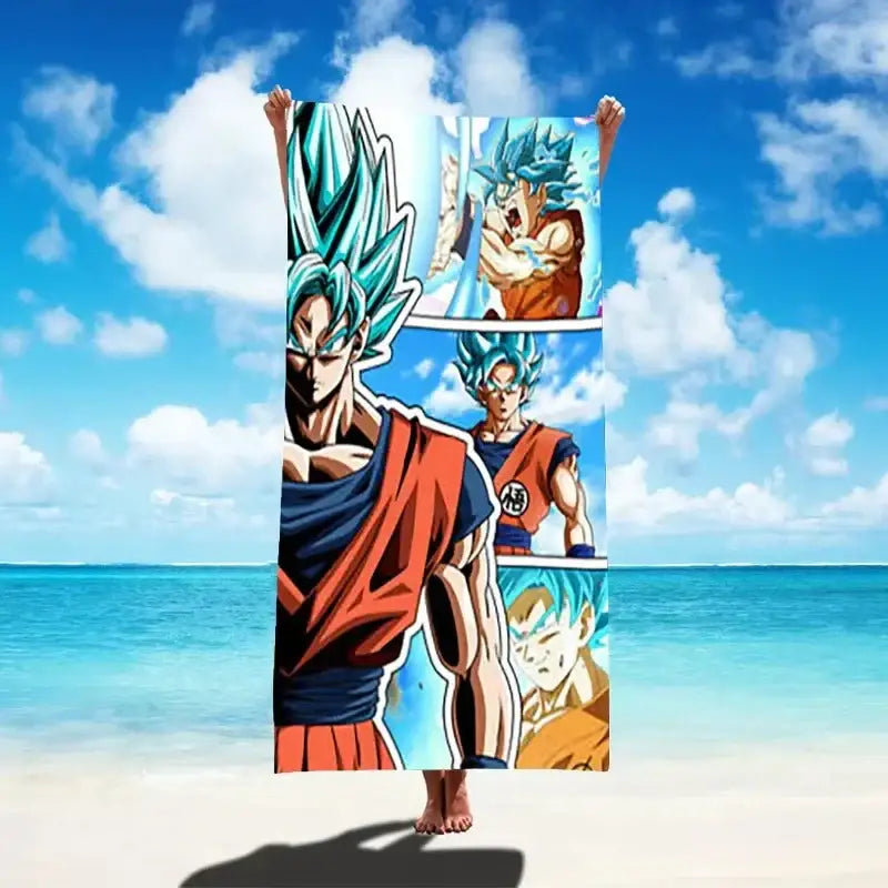 Dragon ball goku beach towel featuring vibrant blue and orange colors with multiple super saiyan blue illustrations, quick dry microfiber
