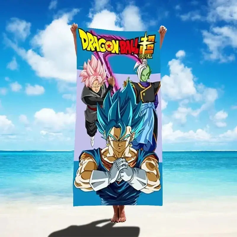 A vibrant blue dragon ball goku beach towel with quick dry microfiber featuring bold goku vegeta artwork