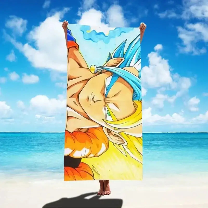 Dragon ball goku beach towel in vibrant blue featuring super saiyan blue goku with golden aura quick dry microfiber