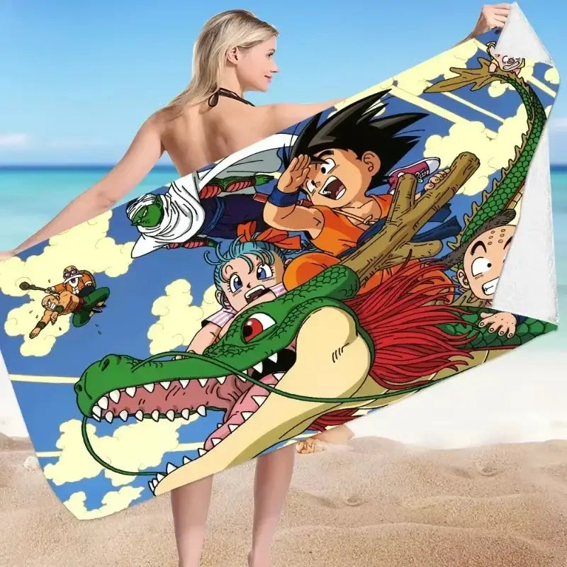 Vibrant dragon ball goku beach towel with cartoon print on quick dry microfiber featuring goku on green dragon