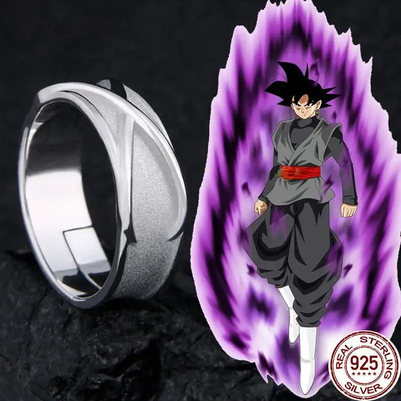 Silver 925 sterling silver ring with modern split band and brushed finish in a dragon ball goku black design