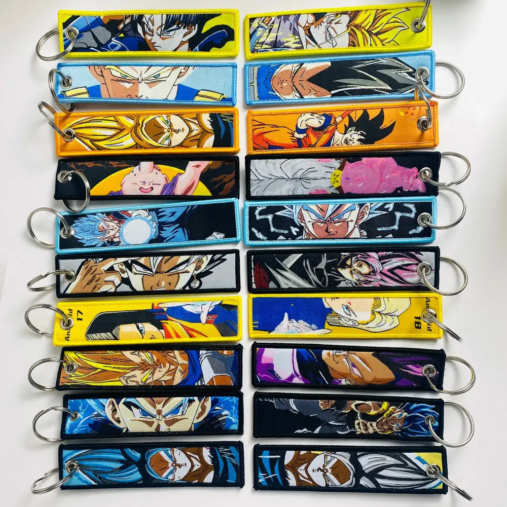 Colorful embroidered dragon ball goku keychain holder with vibrant fabric and metallic ring for secure attachment