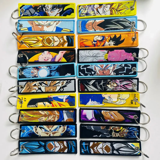Colorful embroidered dragon ball goku keychain holder with vibrant fabric and metallic ring for secure attachment