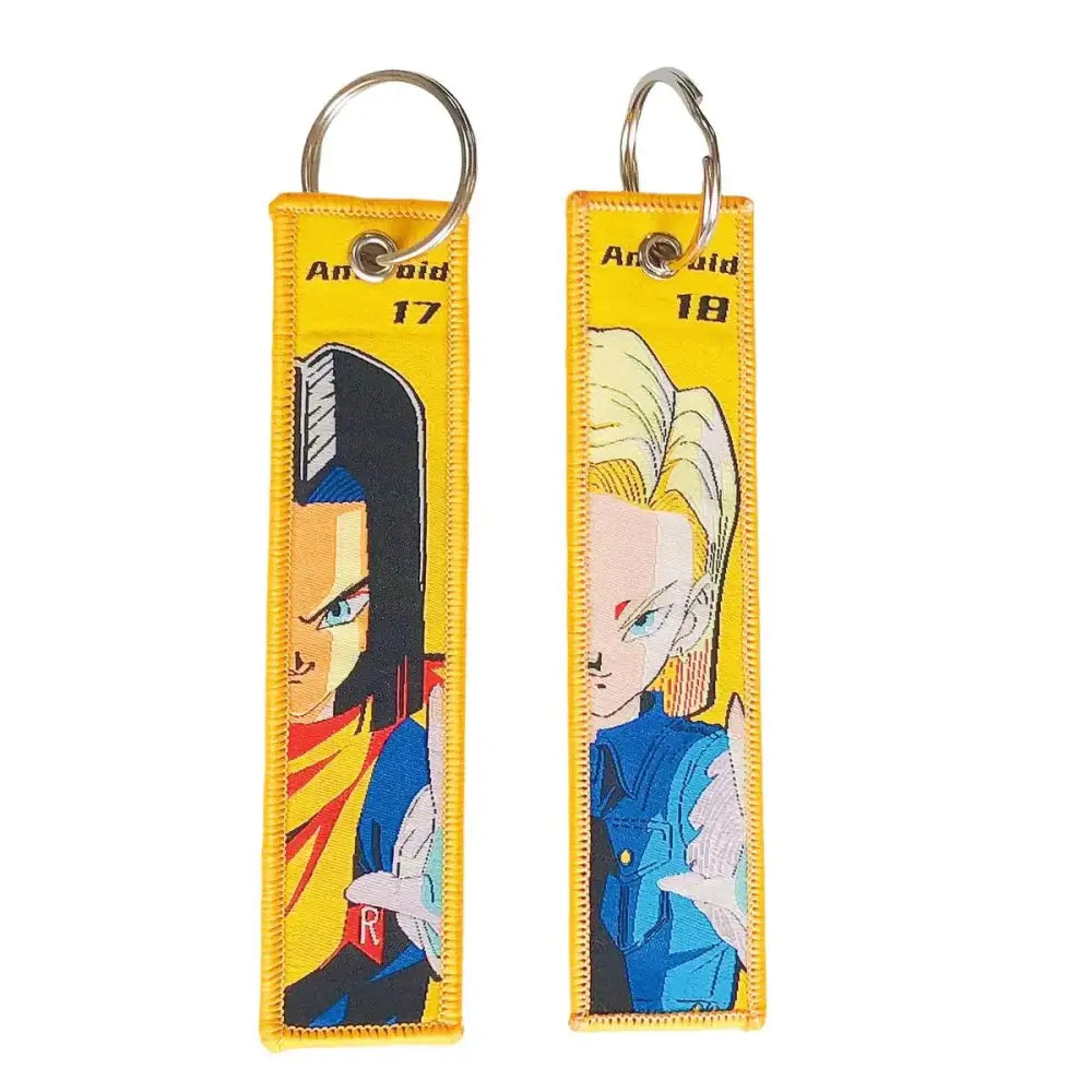 Yellow embroidered dragon ball keychain holder featuring android 17 and android 18 anime characters for dragon ball goku fans