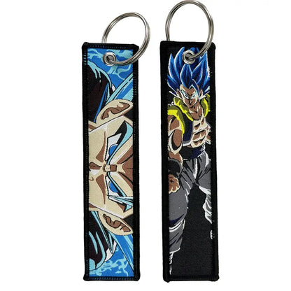 Dragon Ball Goku embroidery keychain holder with blue-haired super saiyan design on black fabric lanyard