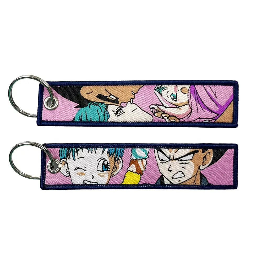 Pink and purple embroidered dragon ball goku keychain holder featuring anime characters for lanyard use