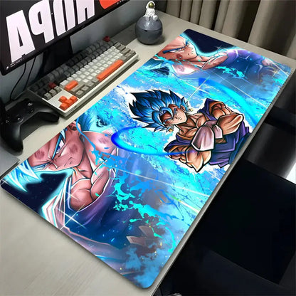 Vibrant blue and purple rubber desk mat mouse pad featuring goku and vegeta dynamic anime gaming mouse design
