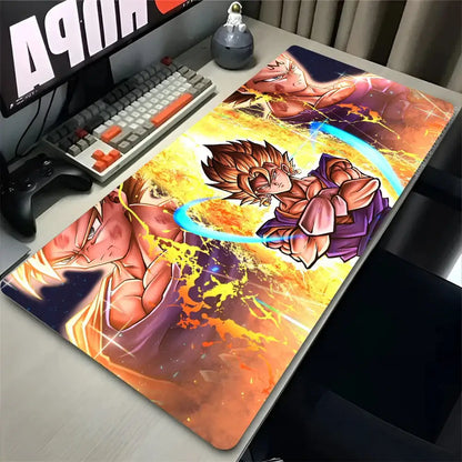 Vibrant orange and purple dragon ball z themed rubber gaming mouse pad featuring goku and vegeta in battle poses desk mat