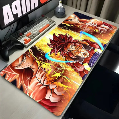 Vibrant red and orange rubber gaming mouse pad featuring dynamic goku in super saiyan forms for desk mat use