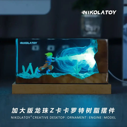 Dragon Ball Goku LED desk lamp with green hair anime figure in blue resin and magnetic base on wooden stand