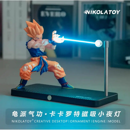 Dragon ball goku led desk lamp with glowing blue energy beam and magnetic base on black desk lamp stand