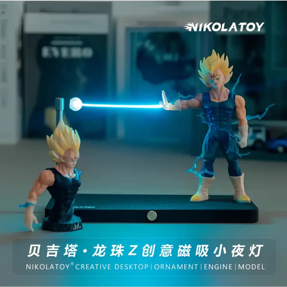 Dragon Ball Goku LED desk lamp with magnetic base featuring two super saiyan Vegeta figures and glowing blue energy beams