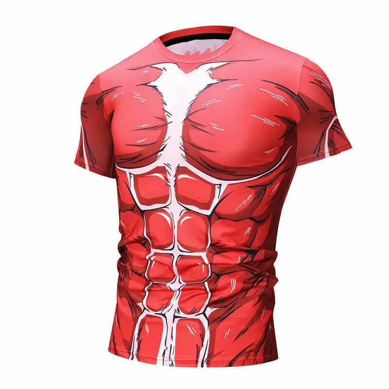 Red short-sleeved dragon ball goku loose t-shirt featuring a detailed 3d-printed muscular torso design in red and white