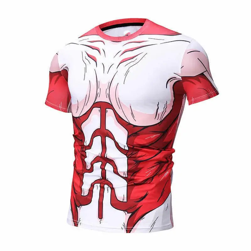 Red and white anatomical muscle print quick-drying short-sleeve t-shirt featuring dragon ball goku design