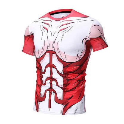 Red and white anatomical muscle print quick-drying short-sleeve t-shirt featuring dragon ball goku design