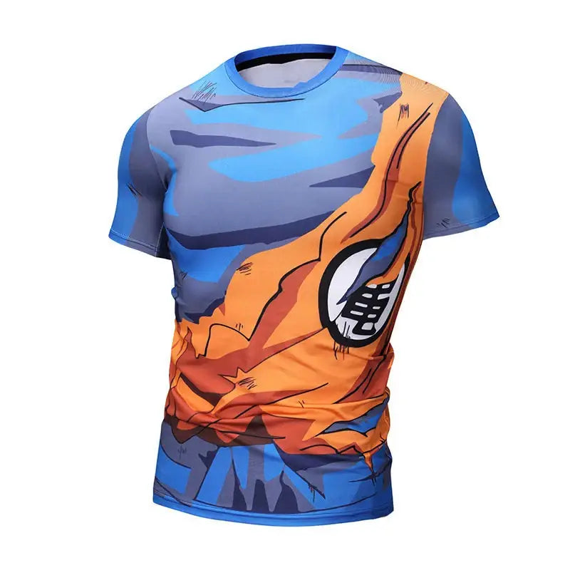Blue and orange dragon ball z compression shirt with goku battle suit and kamehameha symbol quick-drying fabric