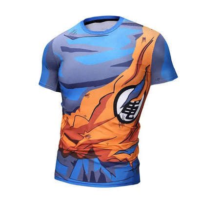 Blue and orange dragon ball z compression shirt with goku battle suit and kamehameha symbol quick-drying fabric