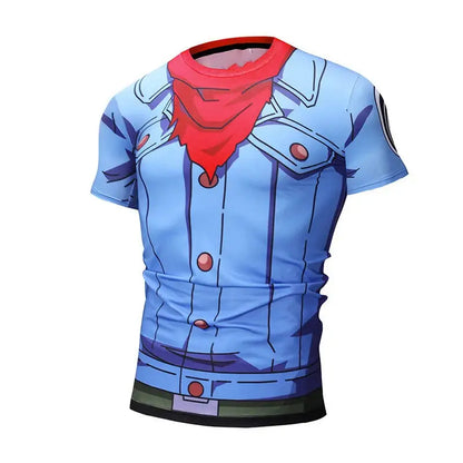 Blue dragon ball goku loose t-shirt with quick-drying fabric featuring anime-style denim jacket and red bandana print