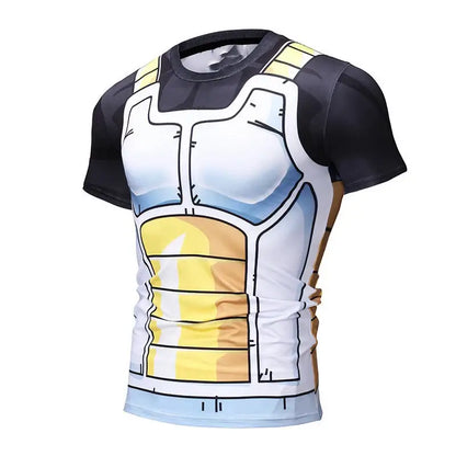 Black short-sleeved quick-drying compression shirt with full-body vegeta saiyan armor print from dragon ball z