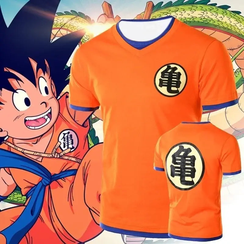 Bright orange dragon ball goku loose t-shirt with blue trim and black circular turtle emblem quick-drying fabric
