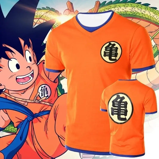 Bright orange dragon ball goku loose t-shirt with blue trim and black circular turtle emblem quick-drying fabric