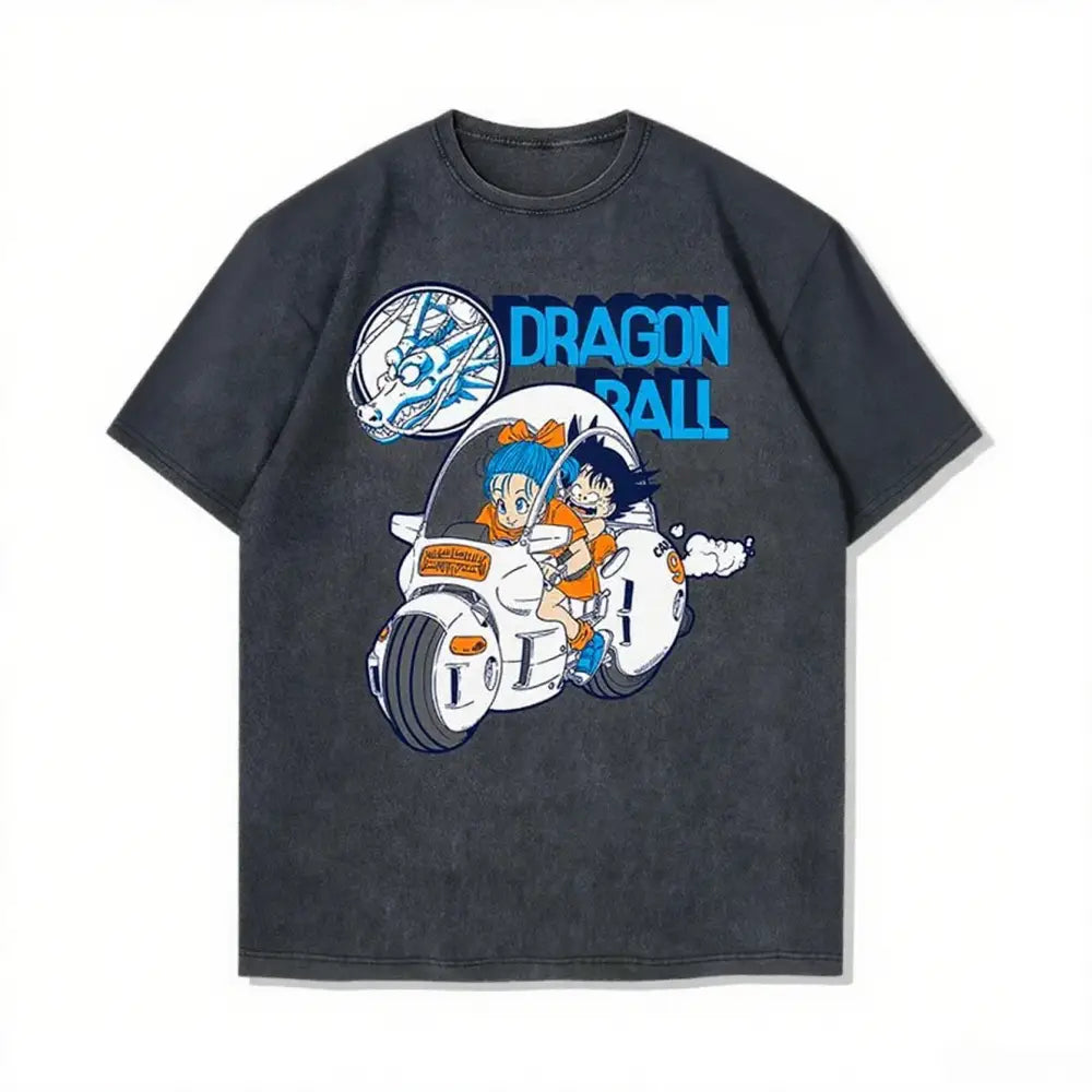 Dark gray distressed cotton dragon ball goku oversized t-shirt with vibrant goku and bulma motorcycle graphic and blue text