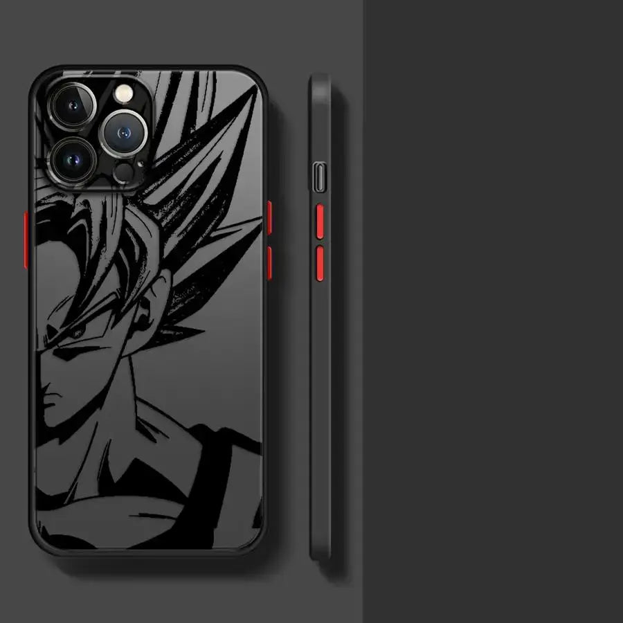 Black shockproof tpu goku phone case featuring bold stylized dragon ball goku design with sharp spiky hair and intense expression
