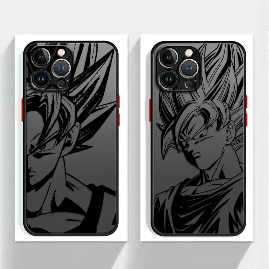 Black shockproof tpu dragon ball goku phone case featuring monochromatic anime design on glossy back side