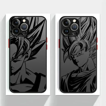 Black shockproof tpu dragon ball goku phone case featuring monochromatic anime design on glossy back side