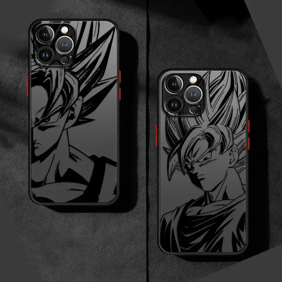 Black shockproof tpu goku phone case featuring bold high contrast line art of dragon ball goku on the back side