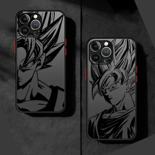Black shockproof tpu goku phone case featuring bold high contrast line art of dragon ball goku on the back side