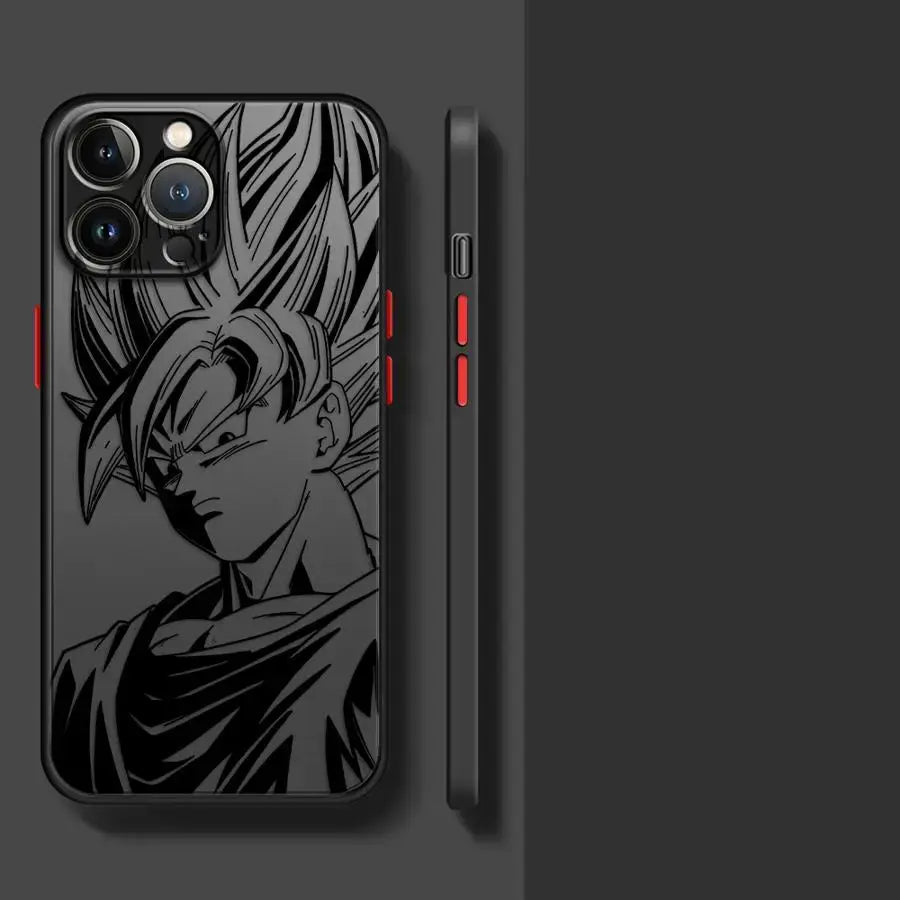 Black shockproof tpu goku phone case featuring detailed line-art illustration of dragon ball goku on the back side