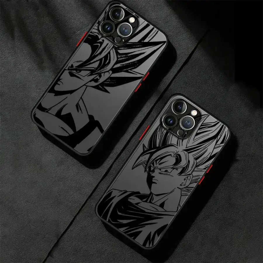 Black glossy shockproof tpu dragon ball goku phone case with detailed black and white super saiyan goku illustration back side