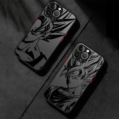 Black glossy shockproof tpu dragon ball goku phone case with detailed black and white super saiyan goku illustration back side