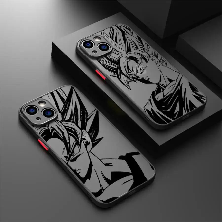Black and white shockproof TPU dragon ball goku phone case with detailed super saiyan Goku line art design back view
