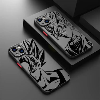 Black and white shockproof TPU dragon ball goku phone case with detailed super saiyan Goku line art design back view
