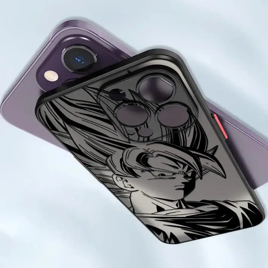Black and gray shockproof TPU dragon ball goku phone case with detailed goku line art on the back side